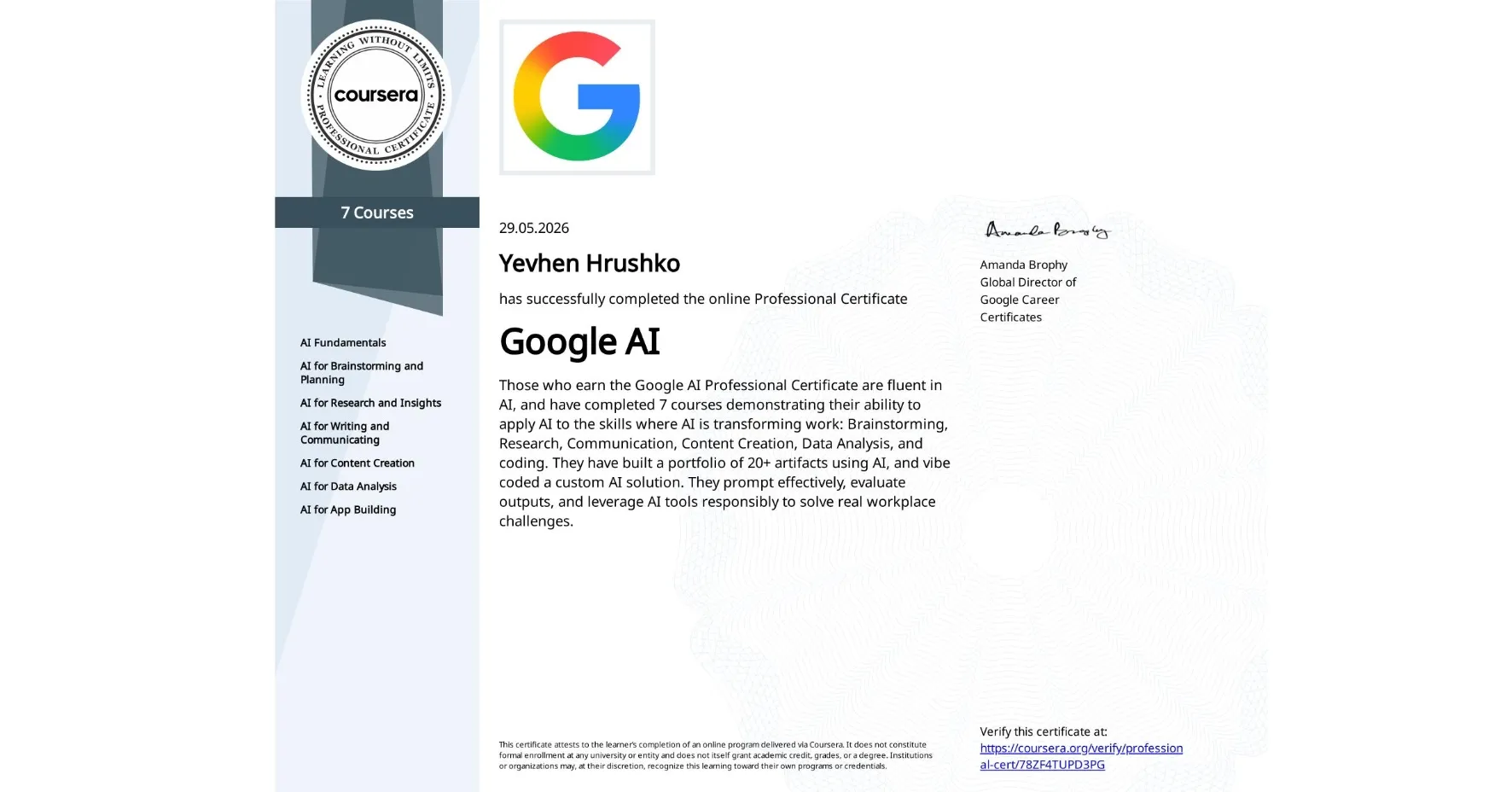 Google AI Professional Certificate — Google · Coursera